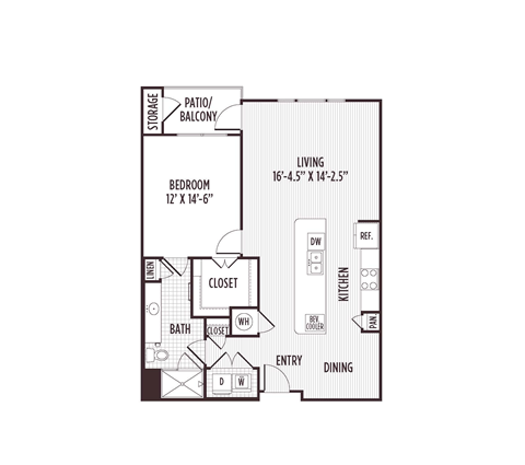 Floor plan for 1 bed, 1 bath, 961 sqft